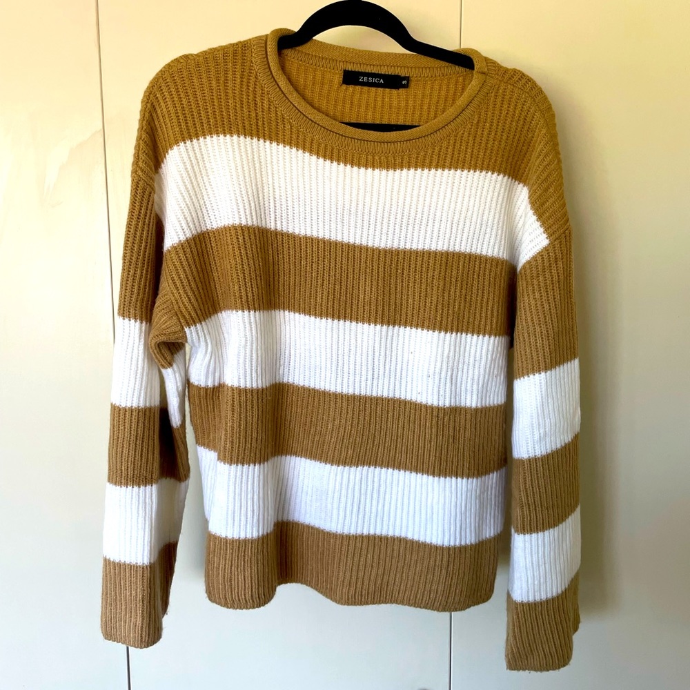 Zesica Tan White Striped Ribbed Knit Crewneck Sweater Sz S